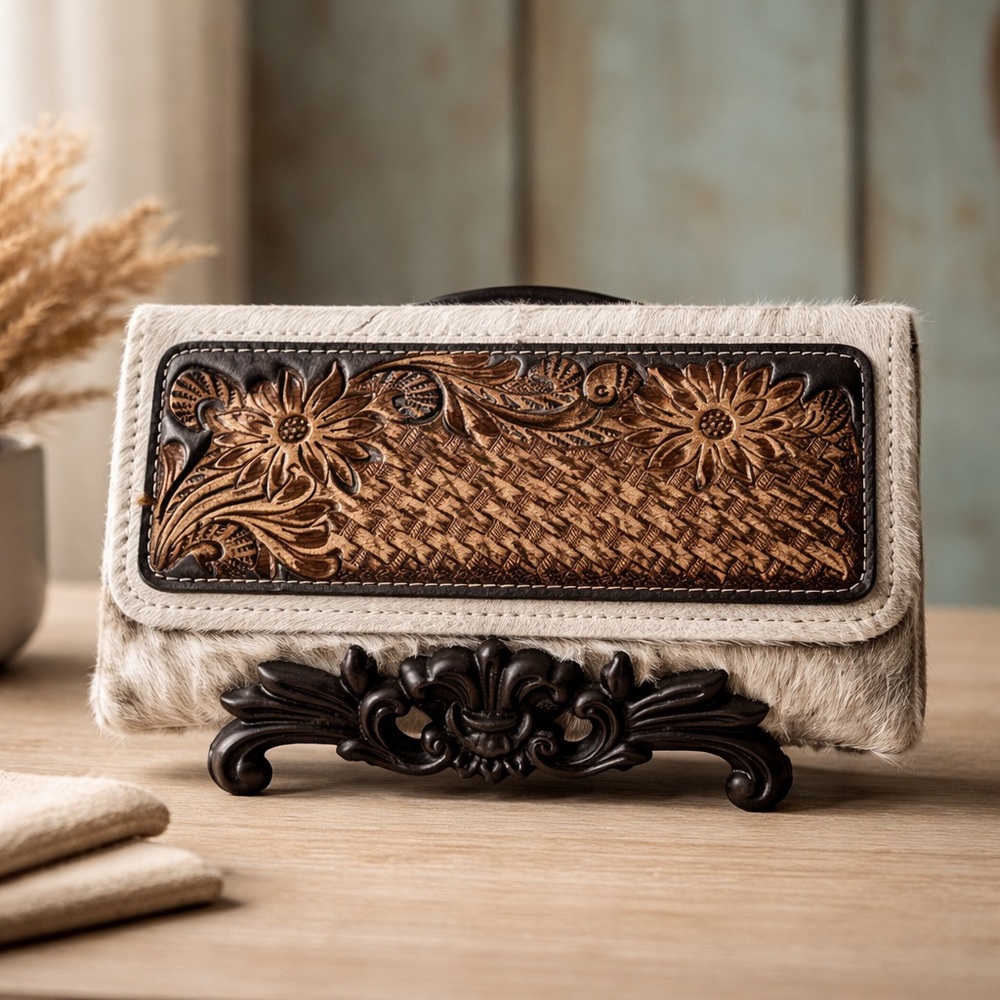 Gift New Myra Bag boho Hand-tooled Leather Wallet Floral zip top cowhide Western